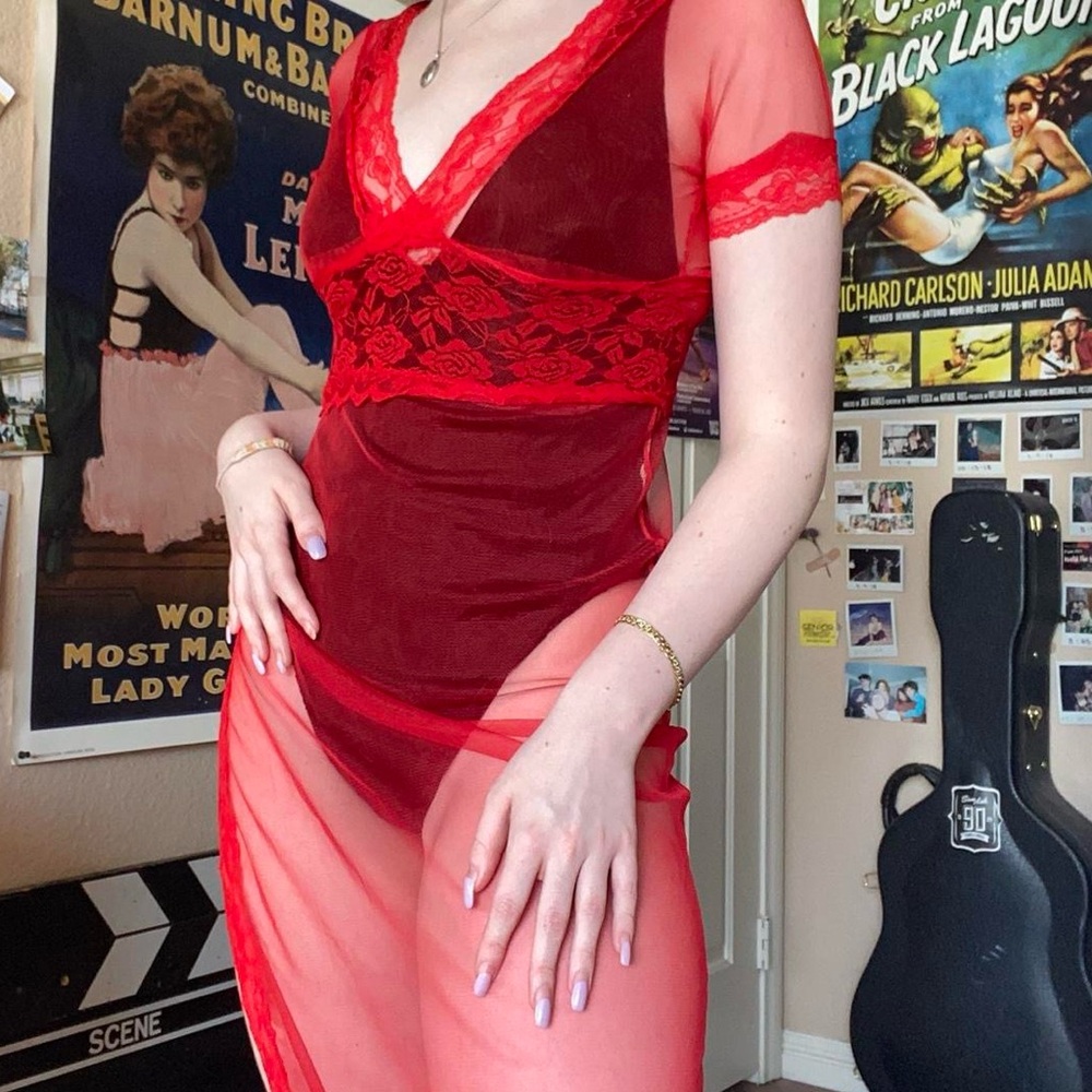 Red lace mesh lingerie dress